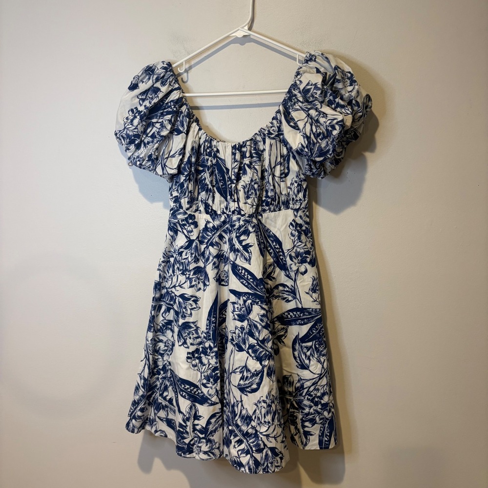 Abercrombie & Fitch Floral Puff Sleeve Mini Dress Womens S Blue Toile Babydoll - Picture 2 of 5